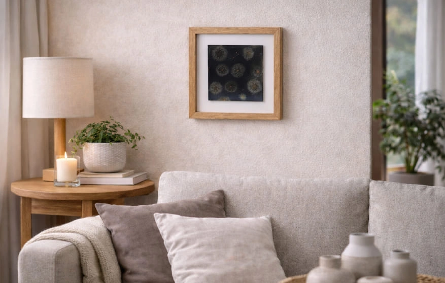 Tableau 25cm r&eacute;sine epoxy inclusion pissenlits naturels cadre en ch&ecirc;ne